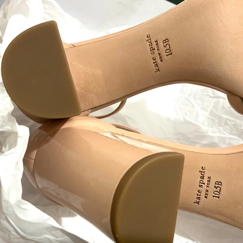 Kate Spade Flamenco Nude Patent Leather Sandal Block Heel Ankle Strap Shoes 10.5